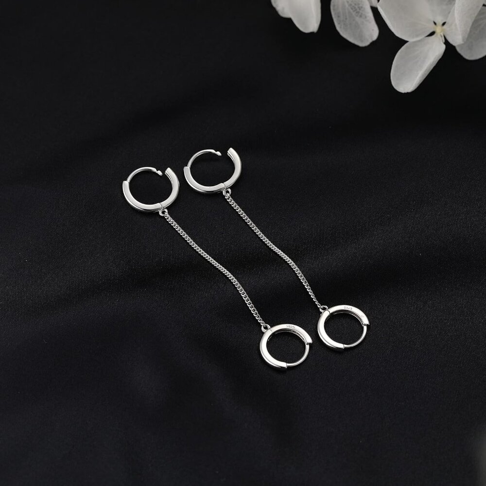 Solid 925 Sterling Silver Double Hoop Earrings Ch… - image 6